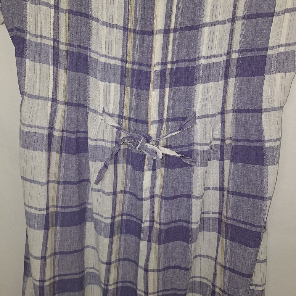 Vintage 90s Periwinkle White Plaid Linen Blend Dress 12 VTG Midi Cottagecore - Picture 14 of 16